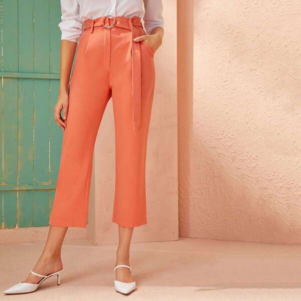 

Solid Straight Leg Belted Pants