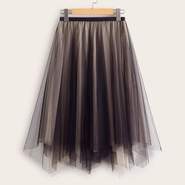 

Asymmetrical Mesh Overlay Midi Skirt, Black