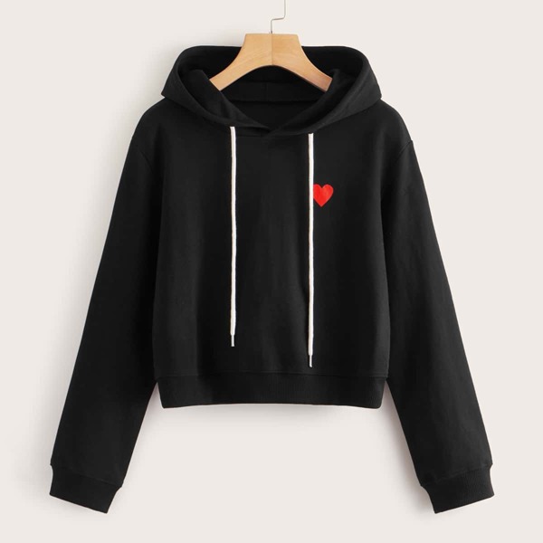 

Heart Print Drawstring Hooded Sweatshirt, Black