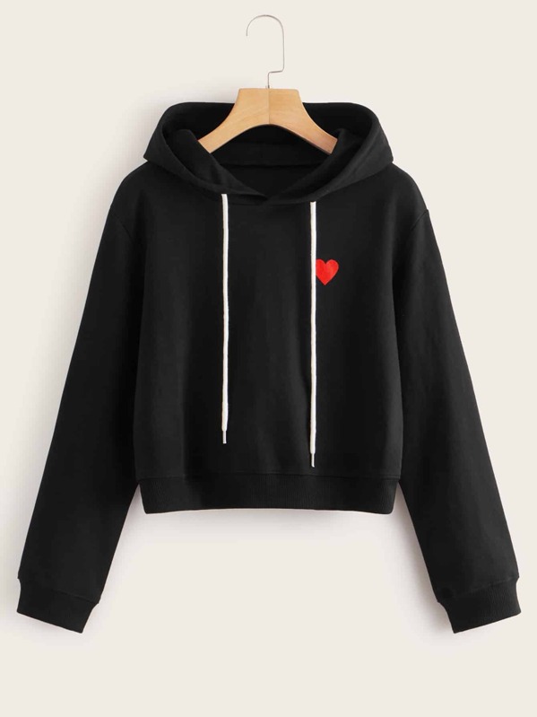 

Heart Print Drawstring Hooded Sweatshirt, Black