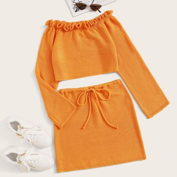

Solid Frill Trim Bardot Sweater & Drawstring Skirt, Orange bright