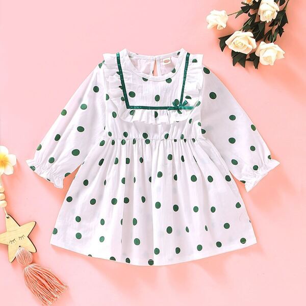 

Baby Polka Dot Keyhole Back Ruffle Hem Dress, White
