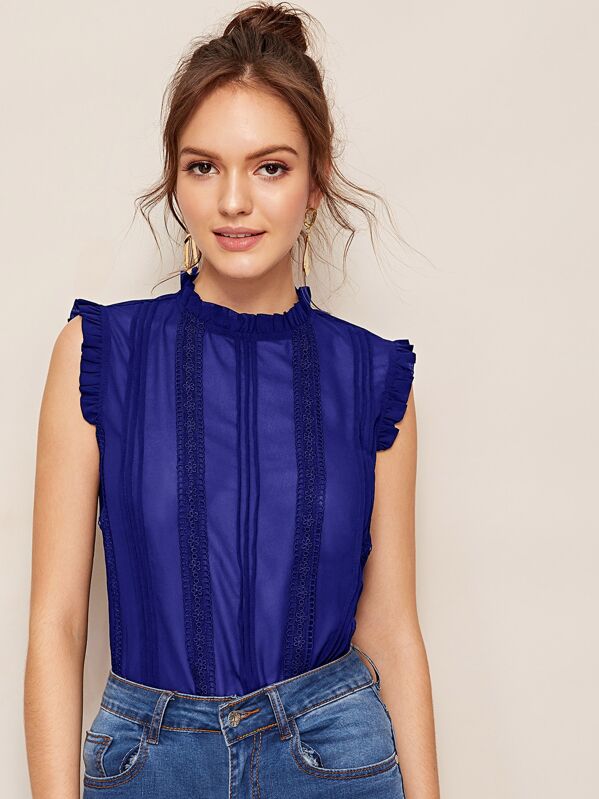 

Lace Panel Frill Trim Blouse, Blue, Natalia