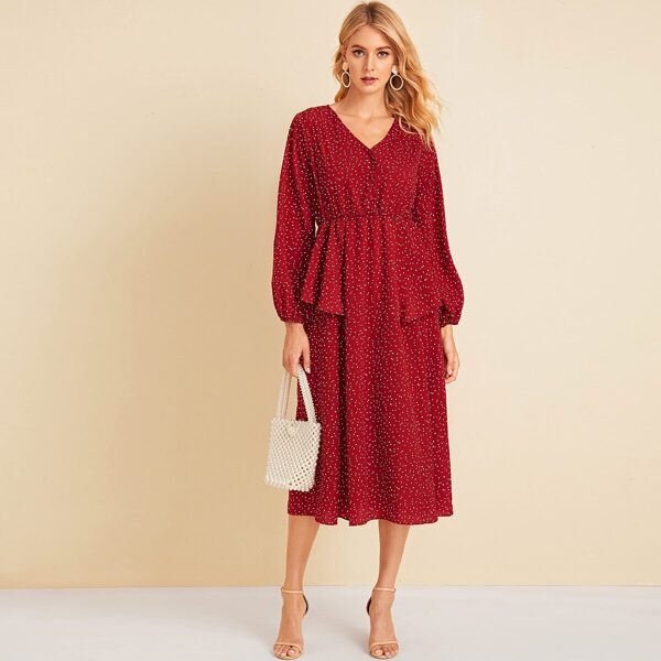 

V-neck Ruffle Trim Dalmatian Print Dress
