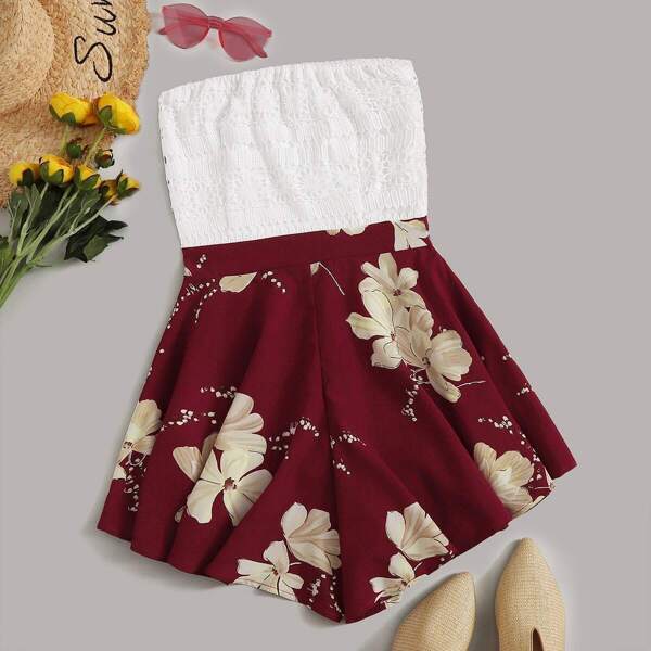 

Contrast Guipure Lace Large Floral Tube Romper