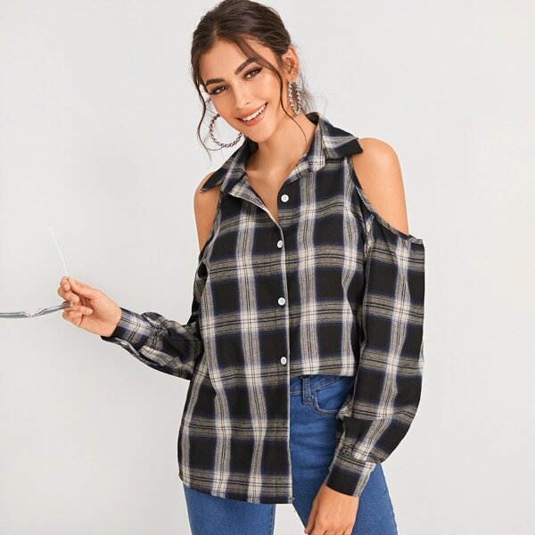 

Open Shoulder Tartan Plaid Top