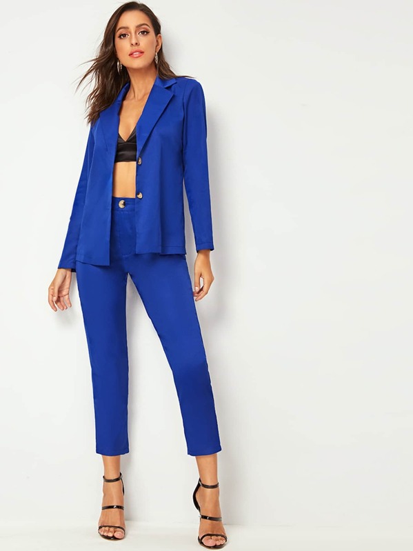 

Double Button Notched Blazer With Tailored Pants, Blue, Mary P.