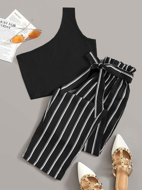 

One Shoulder Rib-knit Top With Belted Striped Pants, Black