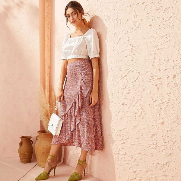 

Square Neck Top With Ditsy Floral Ruffle Skirt