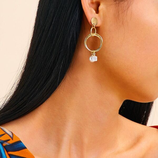 

Link Circle Faux Pearl Drop Earrings 1pair