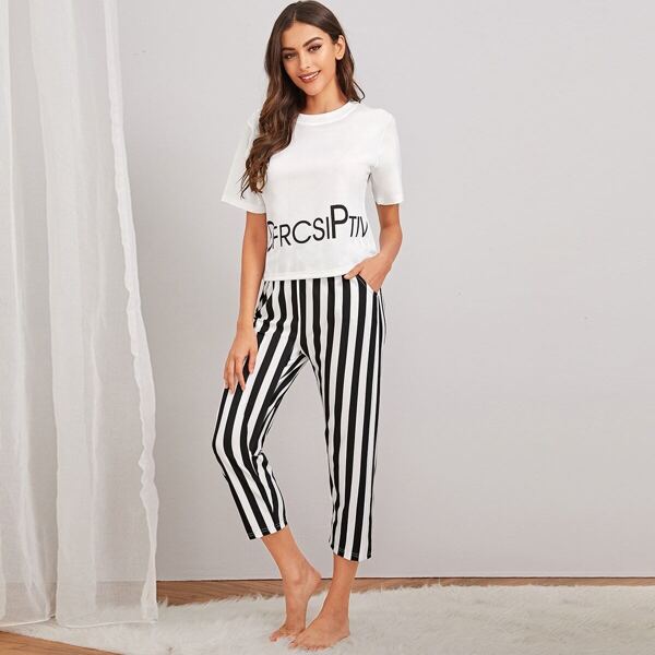 

Letter Print Striped Pajama Set