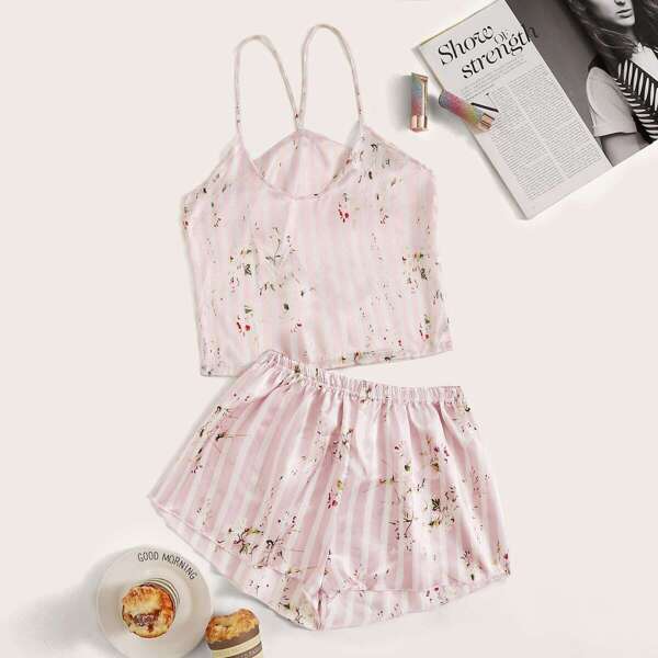 

Floral Print Striped Satin Cami Pajama Set