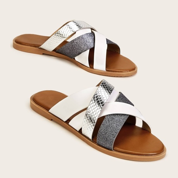 

Metallic Snakeskin Cross Strap Sliders