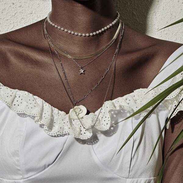 

Faux Pearl & Shell Decor Layered Chain Necklace 1pc