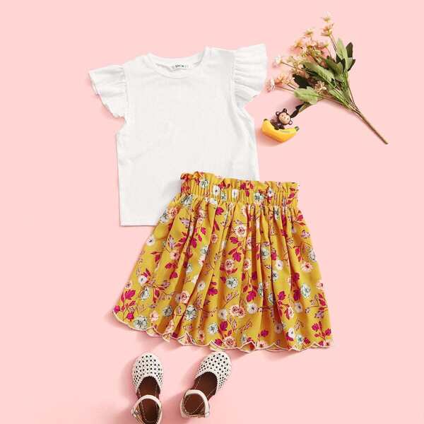 

Girls Rib-knit Top & Scallop Trim Floral Print Shorts Set