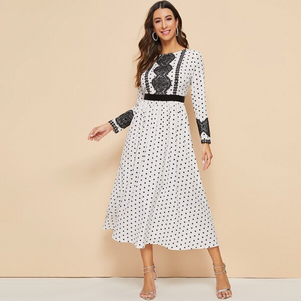 

Lace Detail Polka Dot Print Contrast Tape Dress, White