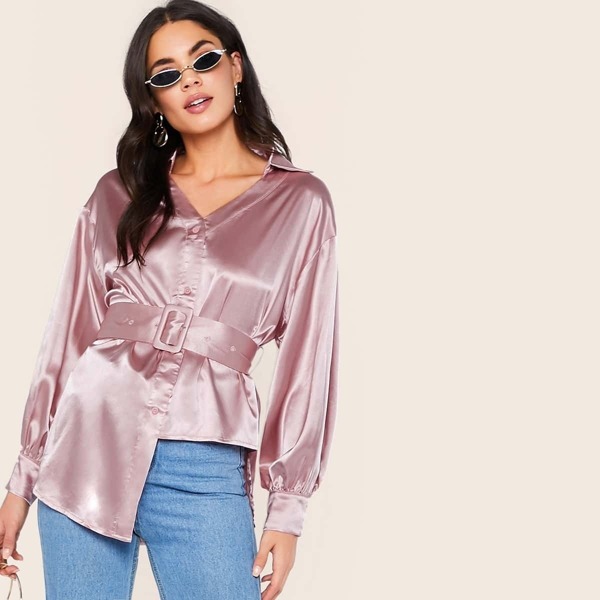 

V-collar Button Fly Asymmetrical Hem Belted Satin Top, Pink pastel