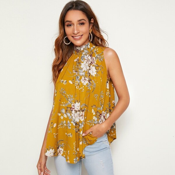 

Tie Back Botanical Print Dip Hem Swing Top, Yellow