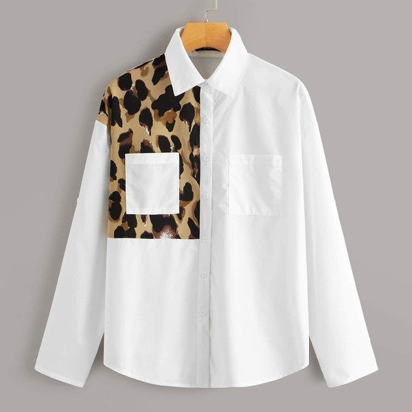 

Leopard Print Pocket Patched Curved Hem Shirt, White