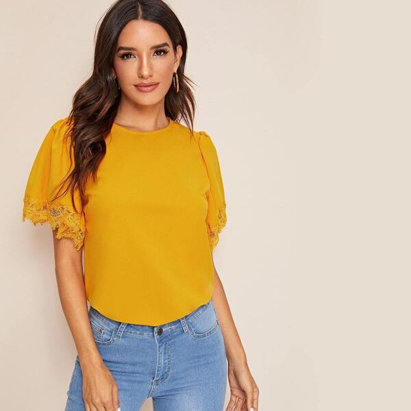 

Eyelash Lace Trim Flutter Sleeve Top