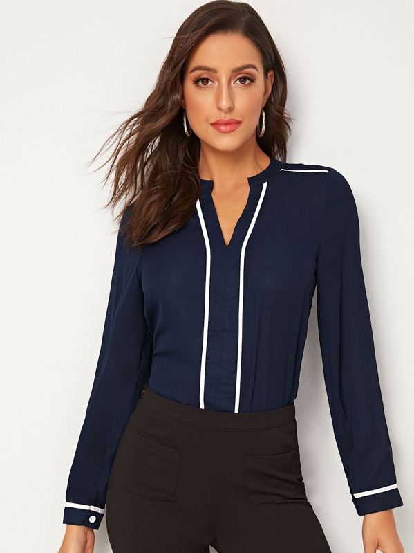 

Notch Neck Contrast Binding Blouse, Navy, Mary P.