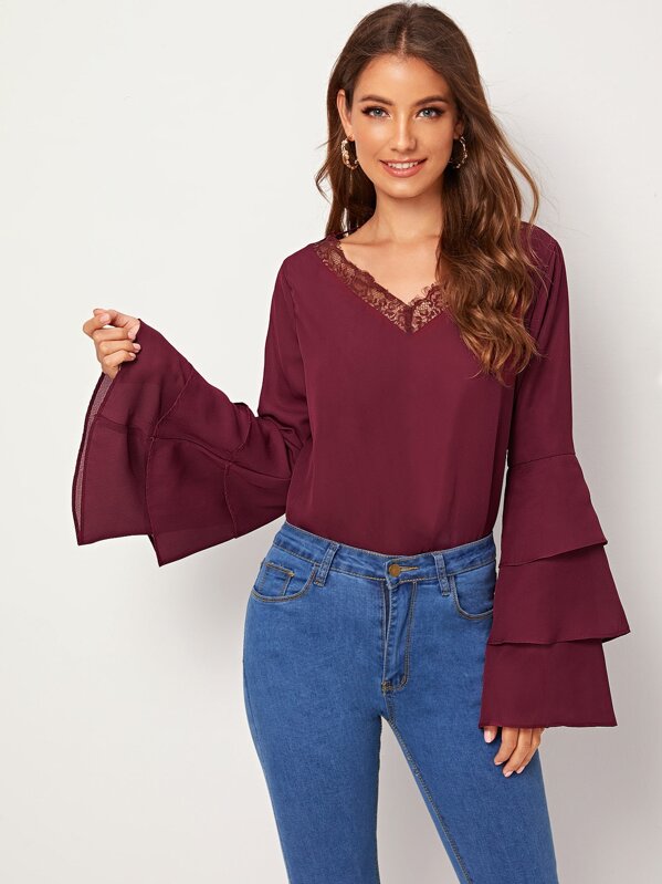 

Contrast Lace Layered Sleeve Blouse, Burgundy, Debi Cruz