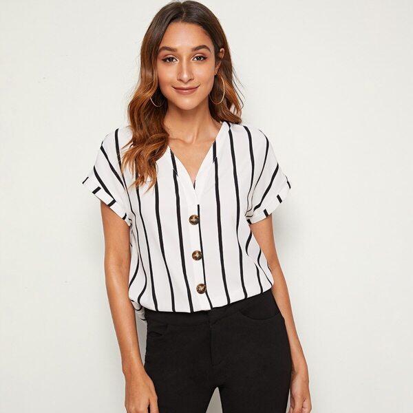 

Rolled Cuff Batwing Sleeve Striped Top, White