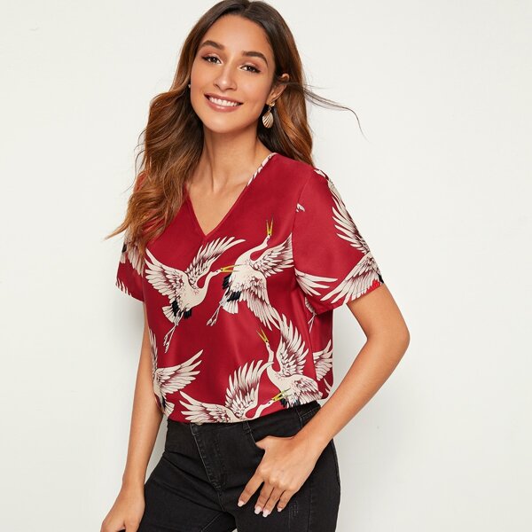 

Crane Print V Neck Top, Red