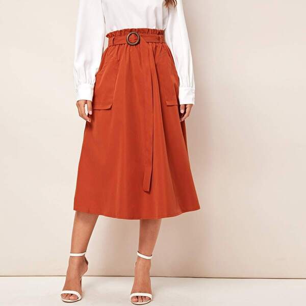 

Solid Paperbag Waist Belted Skirt