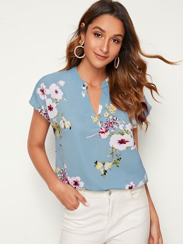 

Notch Collar Botanical Print Top, Blue, Gabi B