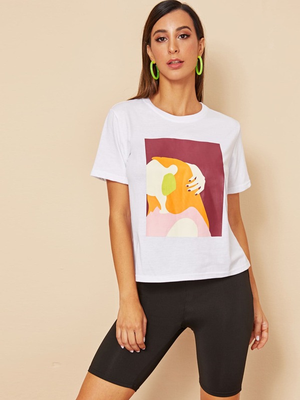 

Round Neck Figure Print Tee, White, Gabe