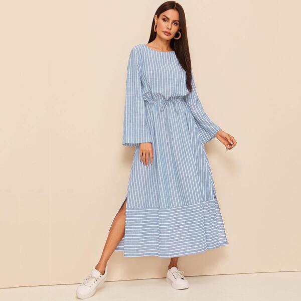 

Bell Sleeve Drawstring Waist Split Side Striped Dress, Blue pastel