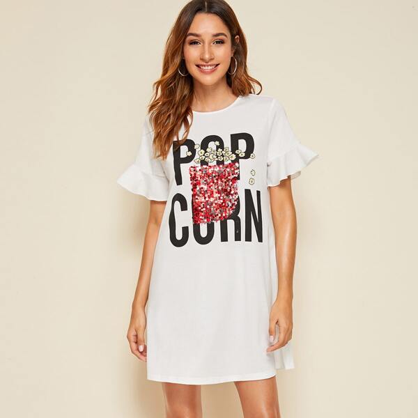 

Contrast Sequins Graphic Print Tee Dress
