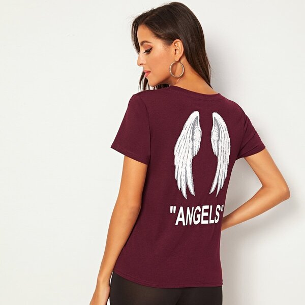 

Angel Wings & Letter Print Tee, Burgundy