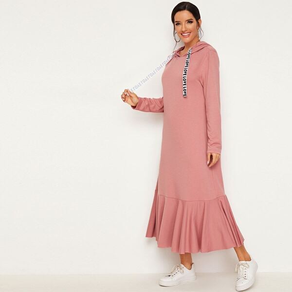 

Letter Tape Drawstring Flounce Hem Hoodie Dress