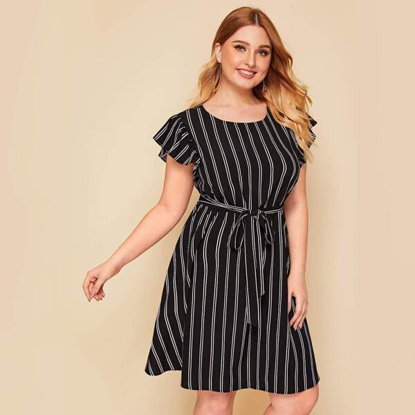 

Plus Ruffle Armhole Striped Belted Dress, Black