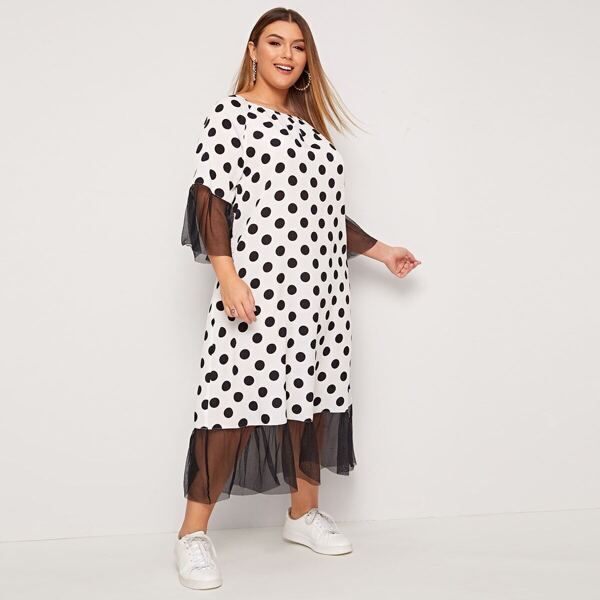

Plus Mesh Trim Polka Dot Print Dress, White