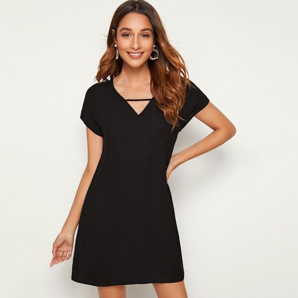 

V-cut Neck Solid Tunic Dress, Black