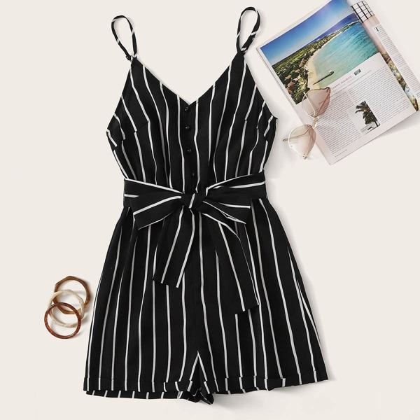 

Button Front Striped Belted Romper