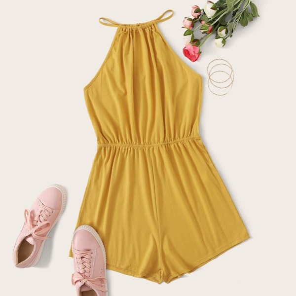 

Solid Keyhole Back Halter Romper