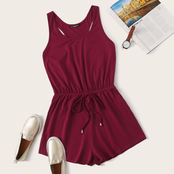 

Solid Tie Front Tank Romper