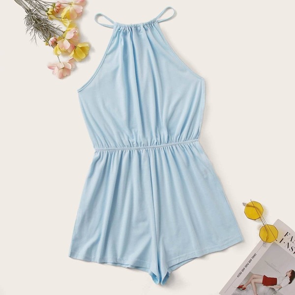 

Solid Keyhole Back Halter Romper, Blue pastel