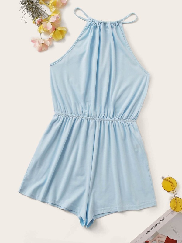 

Solid Keyhole Back Halter Romper, Blue