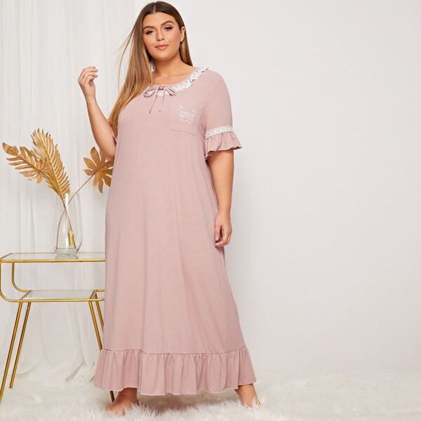 

Plus Lace Trim Rib-knit Flounce Hem Nightdress