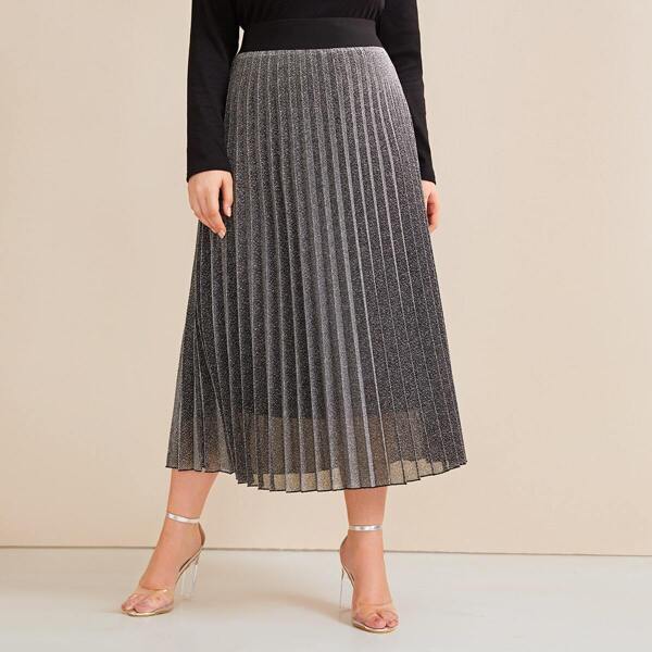 

Plus Contrast Wide Waistband Glitter Pleated Skirt