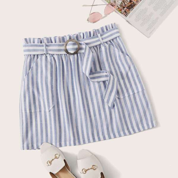 

Plus Paperbag Waist Belted Pocket Detail Striped Skirt, Blue pastel