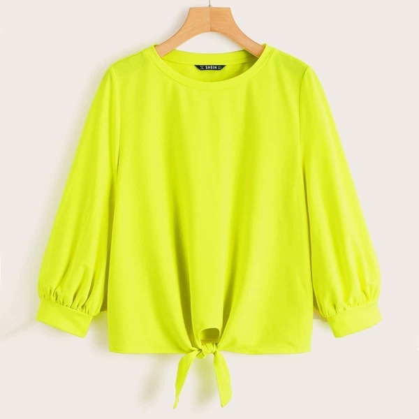 

Neon Lime Knot Hem Lantern Sleeve Pullover