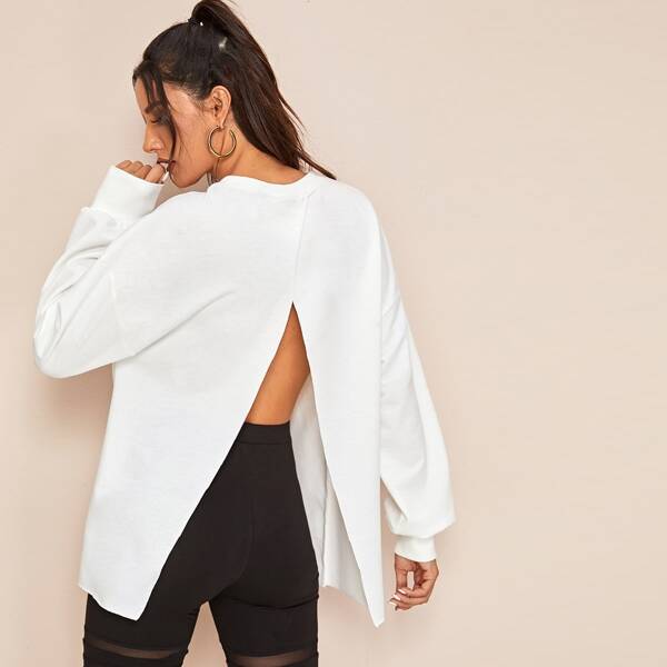 

Drop Shoulder Split Open Back Pullover, White