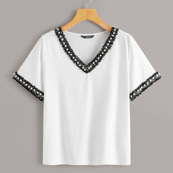 

Pearl Detail Contrast Trim Top
