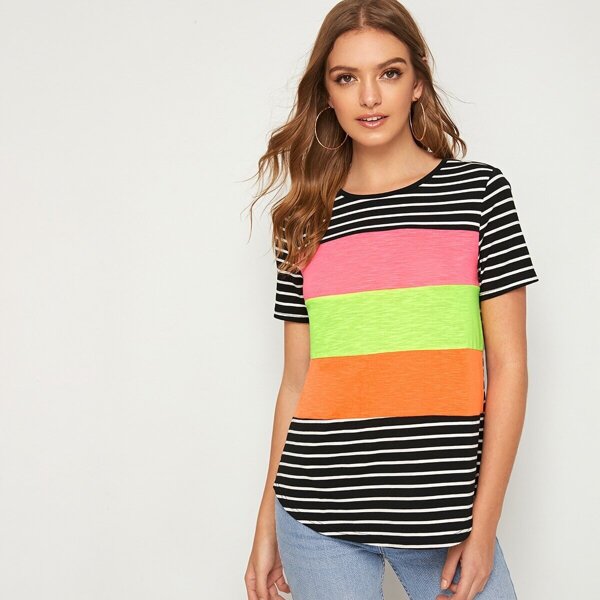 

Cut And Sew Striped Curved Hem Tee